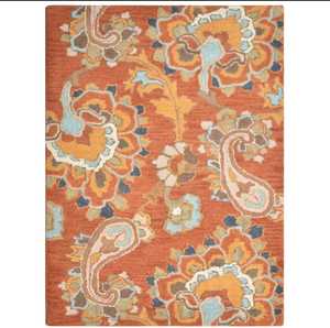 Alfombra de área de lana con mechones a mano ecológica hecha a mano Floral naranja antideslizante personalizar tamaño disponible con patrón abstracto - Product Image 1