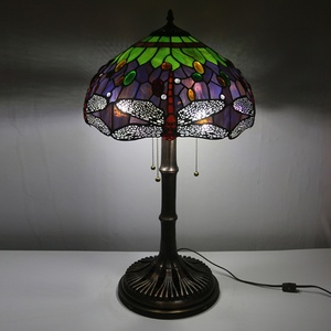 LongHuiJing 16Inch Tiffany Style Dragonfly Stained Glass Lampshade Home Table Lamps Antique Bronze 3-<b>light</b> With Brown - Product Image 3