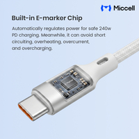 Câble de charge rapide Miccell 240W Type C vers Type C, 5A, taux de transmission 480 Mbps, câble de charge de téléphone tressé en alliage de zinc