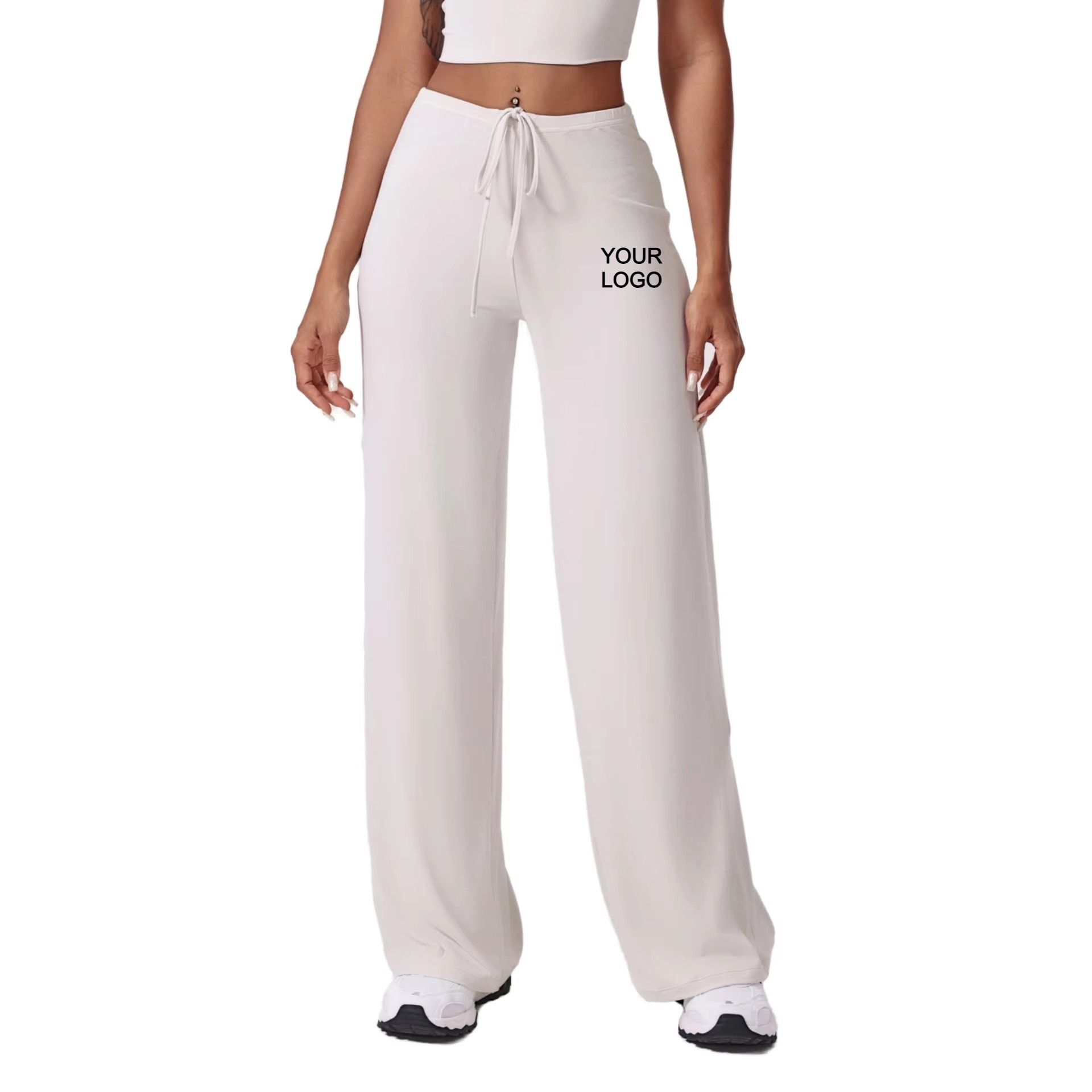 Custom Logo Women's Cooling Antibacterial Wide Leg Pants, High Waist Drawstring Flowy Nylon Trousers for Gym & Loungewear