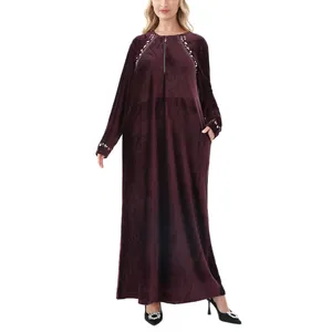 Factory Wholesale Islamic Clothing Libya Algeria Arabic Muslim Women Dress Abaya Winter Velvet Embroidery Ladies Maxi Gown