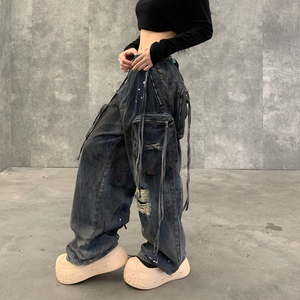 Cargo Jeans Men Baggy Wide Leg Denim <strong>Pants</strong> Zipper Pocket Shredded Knee White Paint Splatter Streetwear Men's Denim Trousers - Product Image 2