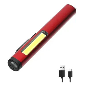 Usb可充电XPE COB泛光灯手电筒300流明光束铝合金笔夹工作灯内置带尾部磁铁的电池