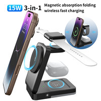 Cargador inalámbrico magnético plegable portátil de 15W, soporte para teléfono móvil, soporte para cargador inalámbrico 3 en 1 con luz nocturna