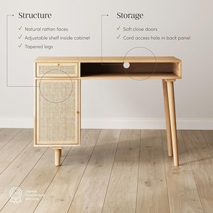 Mobili ODM/OEM WenFeng, Scrivania Moderna con Spazio di Archiviazione, Tavolo in Rattan Naturale con Intreccio Quadrato e Pomelli Dorati - Product Image 5