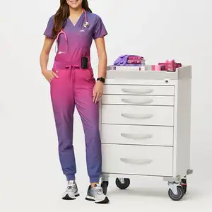 여성 간호사 그라디언트 컬러 스크럽 플러스 사이즈 간호 유니폼 짧은 소매 의료 스크럽 세트 병원 유니폼 공급 업체