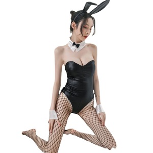 Sexy Bunny Costume Bodysuit Women PU Leather With Bow Tie And Rabbit Ears Role Play Uniform Lingerie Set - Product Image 5