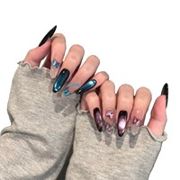 Lot de 10 faux ongles longs ovales en gel, peints à la main, effet AB irisé, réutilisables, style français, motif ciel étoilé de dessin animé