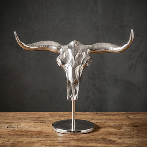 Silver Bull Skull Sculpture Modern Animal Figurine Tabletop <b>Decor</b> Living Room Artistic Metal Handicraft Single Piece - Product Image 2