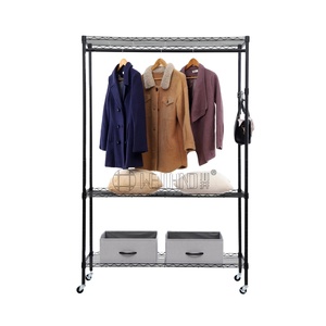 Factory Wholesale Clothing 3 Layer Black Adjustable Metal Clothes Stand Shelf <strong>Wire</strong> <strong>Rack</strong> With Wheel