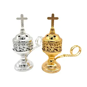 Metal incense burner with catholic cross gold silver color