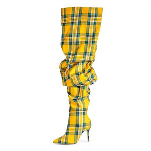 Big Size 44 Plaid Print Side Half-zip Over Knee High Pile of <b>Boots</b> for Women Stiletto Ladies Pointed Toe Thigh High Long Booties - Product Image 1