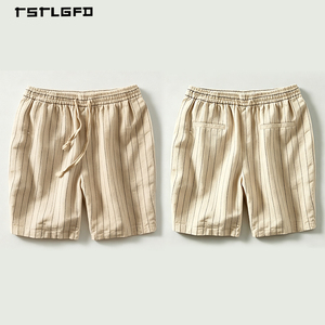 Men Cream Vertical Pinstripe Linen Blend <strong>Shorts</strong> Elasticated Drawstring Waist Relaxed Fit <strong>Old</strong> Money Resort Summer Beach <strong>Shorts</strong> - Product Image 5