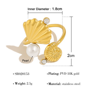Océan Mode Style <span class=keywords><strong>Strass</strong></span> Zircon Perle Coquillage Étoile De Mer Conque Ouvert <span class=keywords><strong>Anneau</strong></span> Réglable En Acier Inoxydable Étanche Bijoux - Product Image 5