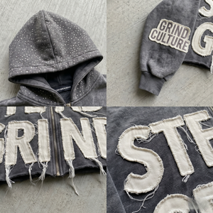 Sudadera con capucha OEM personalizada con pedrería, corte cropped, cierre de cremallera, estilo vintage con lavado ácido y bordes sin rematar, apliques, para hombre y mujer, estilo streetwear, de forro polar, modelo 6737 - Product Image 4