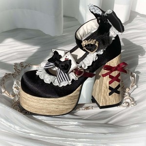 <b>Black</b> Satin Lolita Heeled Sandals With Bow And Card Decoration Chunky <b>Platform</b> High <b>Heel</b> Closed Toe Women's Shoes - Product Image 2
