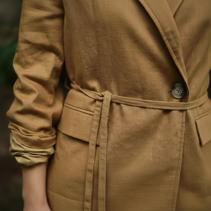 Chaquetas informales para mujer 100% tejido de ramio Natural fino con lazo holgado Otoño/Invierno bolsillos laterales con solapa a cuadros botón frontal relleno de algodón - Product Image 1