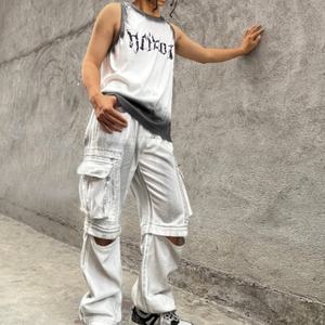 100% Cotton Men's Gray Detachable Cargo Jeans-<b>Stretch</b> <b>Denim</b> Stonewashed Hip Hop Skate Pants with Breathable Design - Product Image 3