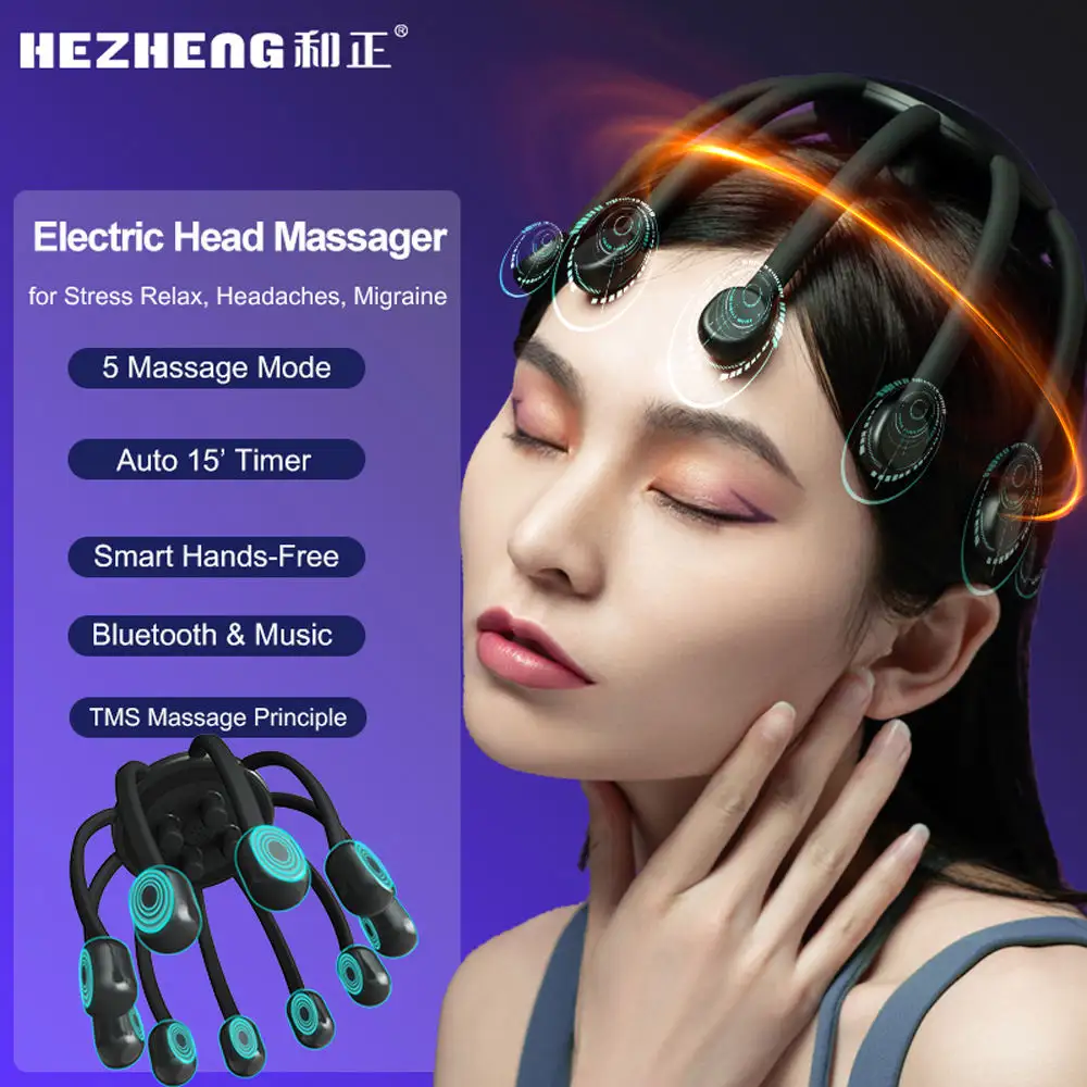 Hezheng Head massager with five modes, touch buttons multi-point massage 360-degree distribution around the head