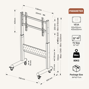 Carrito Móvil para <span class=keywords><strong>TV</strong></span> de Acero Resistente con Ruedas Artísticas, Altura Ajustable Manualmente, Capacidad de Carga de 90 kg, Compatible con <span class=keywords><strong>TV</strong></span> de 100 Pulgadas, Inclinación de 25°, VESA - Product Image 6
