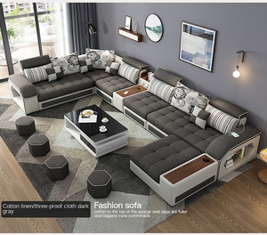 طقم أريكة رخيص من الخشب المصمت والنسيج المخملي للبيع بالجملة، أثاث منزلي، أريكة سرير حديثة مكونة من 7 مقاعد، أرائك رمادية مقعد الحب - Product Image 4