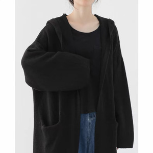 Dark <strong>Black</strong> Hooded Long Sleeve <strong>Cardigan</strong> Long Sweater Coat <strong>with</strong> Hood and <strong>Pocket</strong> for Women - Product Image 2
