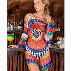 Blusa de Crochet con borlas para mujer, traje de baño con estampado de arcoíris hecho a mano para primavera y verano