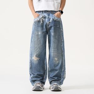 Celana Jeans Berkualitas Tinggi Model AC Style Y2K Hip Hop Distressed 3D Print Digital Print Faux Two-piece Longgar Lurus - Product Image 3