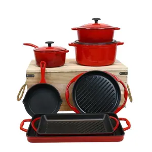 Free Sample First Order 2% Discount Custom Cooking 10 Pieces Red Enamel Cast Iron Pots and Pans Casseroles Cookware Sets