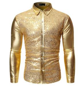 Chemise Disco Homme à Paillettes, T Shirt Manche Longue Homme Col Revers,Haut Paillette Homme Grande Taille BoutonnièRe Sequins Brillante Slim Haut Pour Carnaval Club Rock Disco FêTe CéRéMonie Blouse