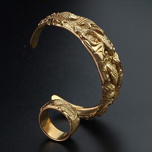 Brazalete con Diseño de Pez y Anillos para Mujer, Chapado en Oro Vintage, Conjuntos de Joyería de Acero Inoxidable - Product Image 1