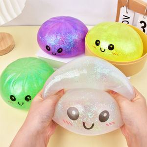Grand jouet anti-stress Fidget en forme de boulette de riz simulée, avec visage à paillettes et expression, rebond rapide, 15 cm - Product Image 4