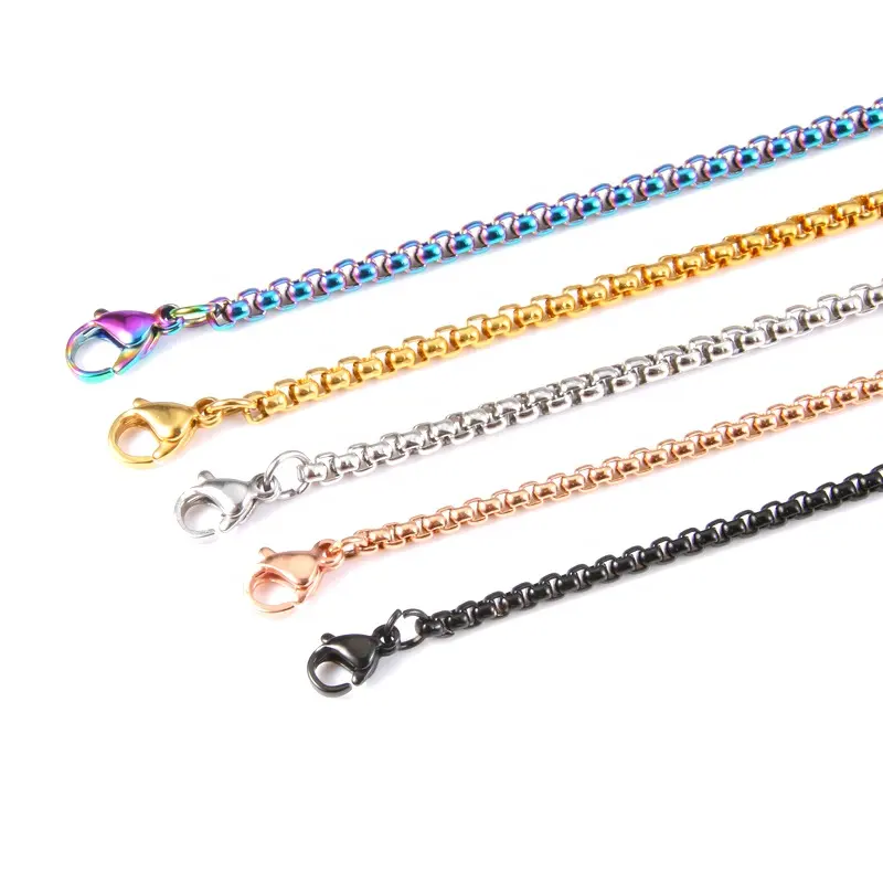 Stainless Steel Round Box Chain 2mm, 2.5mm and 3mm Various Length Gold, Rose gold and Black DIY Round Box Chain Necklaces