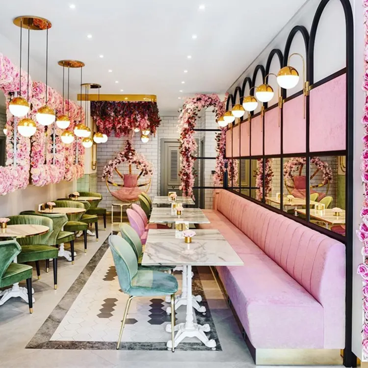 ピンクのベルベットベンチとベルベットレストランブースソファ付きブースレストラン