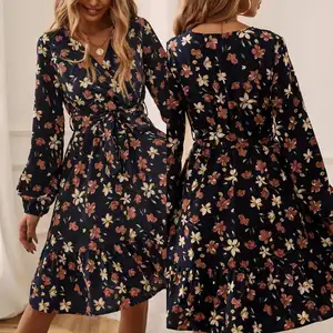 2024 Customized Casual Dress With Printed Long Sleeved Women's Printed Casual Vacation Dress