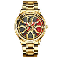 Montre pour homme, design jante de roue, boîtier doré, bracelet en acier inoxydable rouge, style sport racing