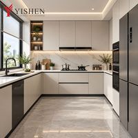 Meubles de cuisine modernes de luxe sur mesure avec finition bois et plan de travail en pierre frittée, armoires de style européen haut de gamme pour villa