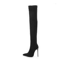 Bottes en daim pour femmes, style décontracté et tendance, à bout pointu, talon aiguille, au-dessus du genou, extensibles, pour soirée