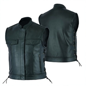 Gilet moto en cuir respirant pour homme, col mandarin, taille ajustable, poches, couleur unie, style urbain, automne-hiver - Product Image 1