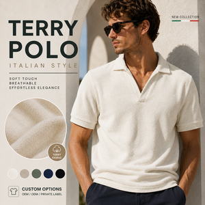 Polo de punto ligero de algodón mezclado para hombre, personalizado, de felpa francesa, sin botones, con cuello en V, estilo playero y resort - Product Image 1