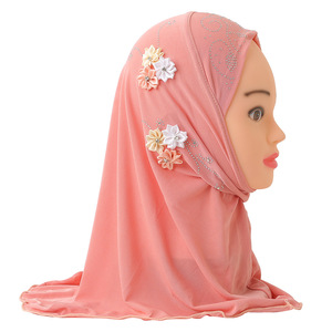 Último diseño de 2 a 6 años de edad, niña pequeña Hijabs chales flor bufandas taladro caliente árabe niños turbante musulmán niños usan Hijab sombrero - Product Image 3