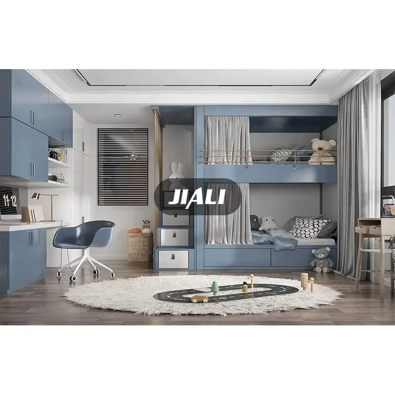 Jiali Fabricação Personalizado Moderno Azul Beliche De Madeira Sólida Com Armazenamento Study Desk Crianças Quarto Mobiliário Set Quarto Infantil