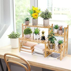 Bamboo Multi Tier Flower <b>Stand</b> With Horizontal Slats For Indoor Office Desktop Plant Display Rack Living Room Use - Product Image 3