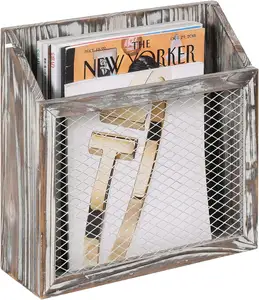 Rustic Magazine Holder Torched Wood and Chicken Wire Design Wall Mounted Farmhouse Home, Bathroom, Office Magazine Rack