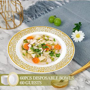 Assiettes en plastique jetables dorées creuses de 12 oz, 7,5 pouces de profondeur, design moderne, vaisselle en PP métallique pour fête, assiettes à salade, à soupe, à dîner gravées - Product Image 3