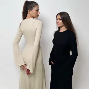 Enyami Primavera Outono Elegante Romântico Lazer Ribbed Knit O Pescoço Mangas Compridas One Piece Maxi Vestidos Mulheres