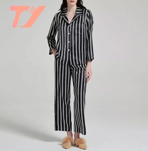 Wholesale Custom Fall Winter Women Clothing Long Sleeve <strong>Black</strong> Stripe Two Piece Pajama Set Loungewear Satin <strong>Silk</strong> Pjs <strong>Pyjamas</strong> - Product Image 4
