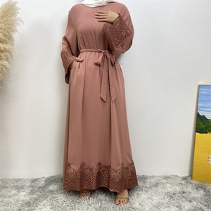 6708# Modest New Nida Dress Crew Neck Pretty Flower Applique With Mesh With Side Pockets Loose Classy Women Dress Close <b>Abaya</b> - Product Image 4