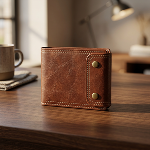 Button-style Double-Buckle Short Men's <b>Wallet</b> PU <b>Zipper</b> Hasp Closure; Lightweight Cross-border US Dollar Billfold Polyester - Product Image 6