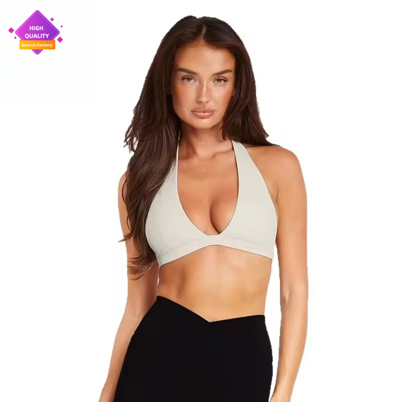 Women's Sexy Slim Fit V-Neck Halter Sports Bra Wire-Free Crisscross Back Yoga Cami Top New Workout Tank for Gym Simple Print